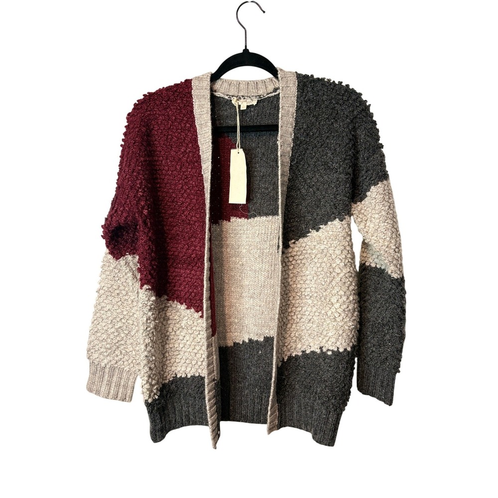 Mystree Colorblock Boucle Knit Open Front Cardigan Sweater Small